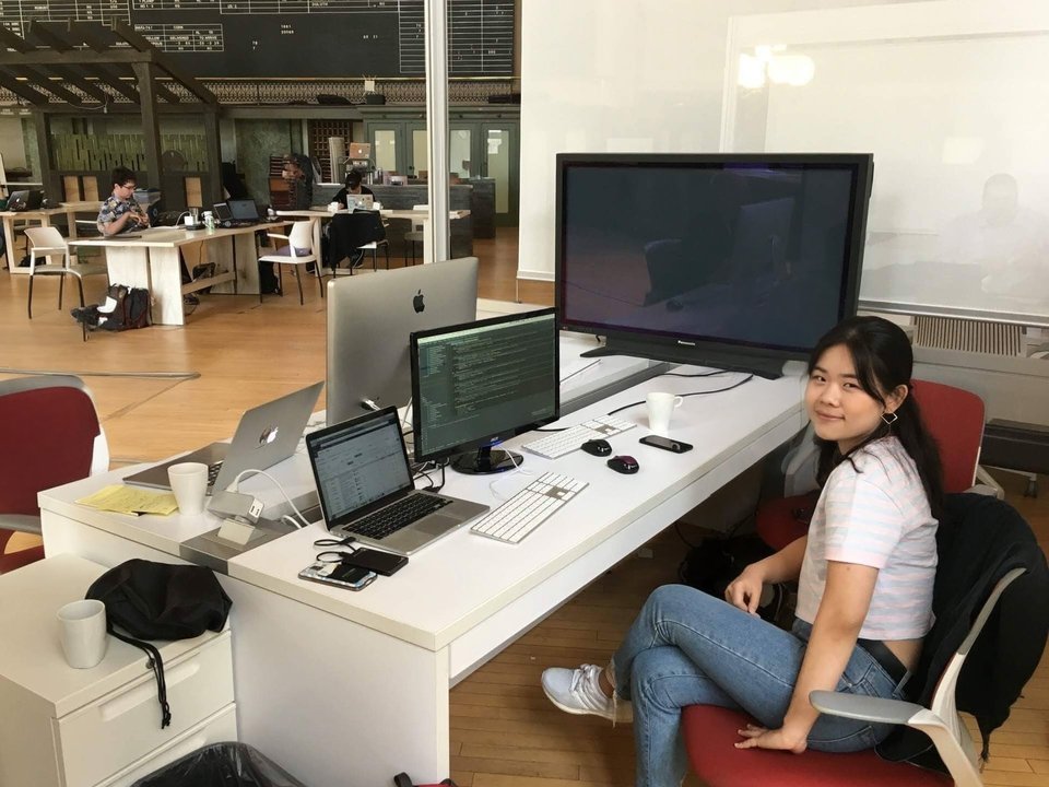 Sojin at her desk during her internship at McWest Corporation