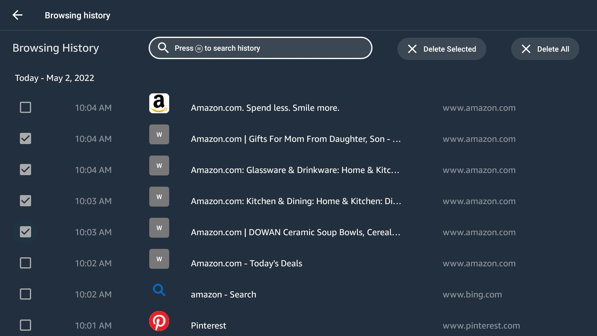 Browsing history page on Silk on Fire TV