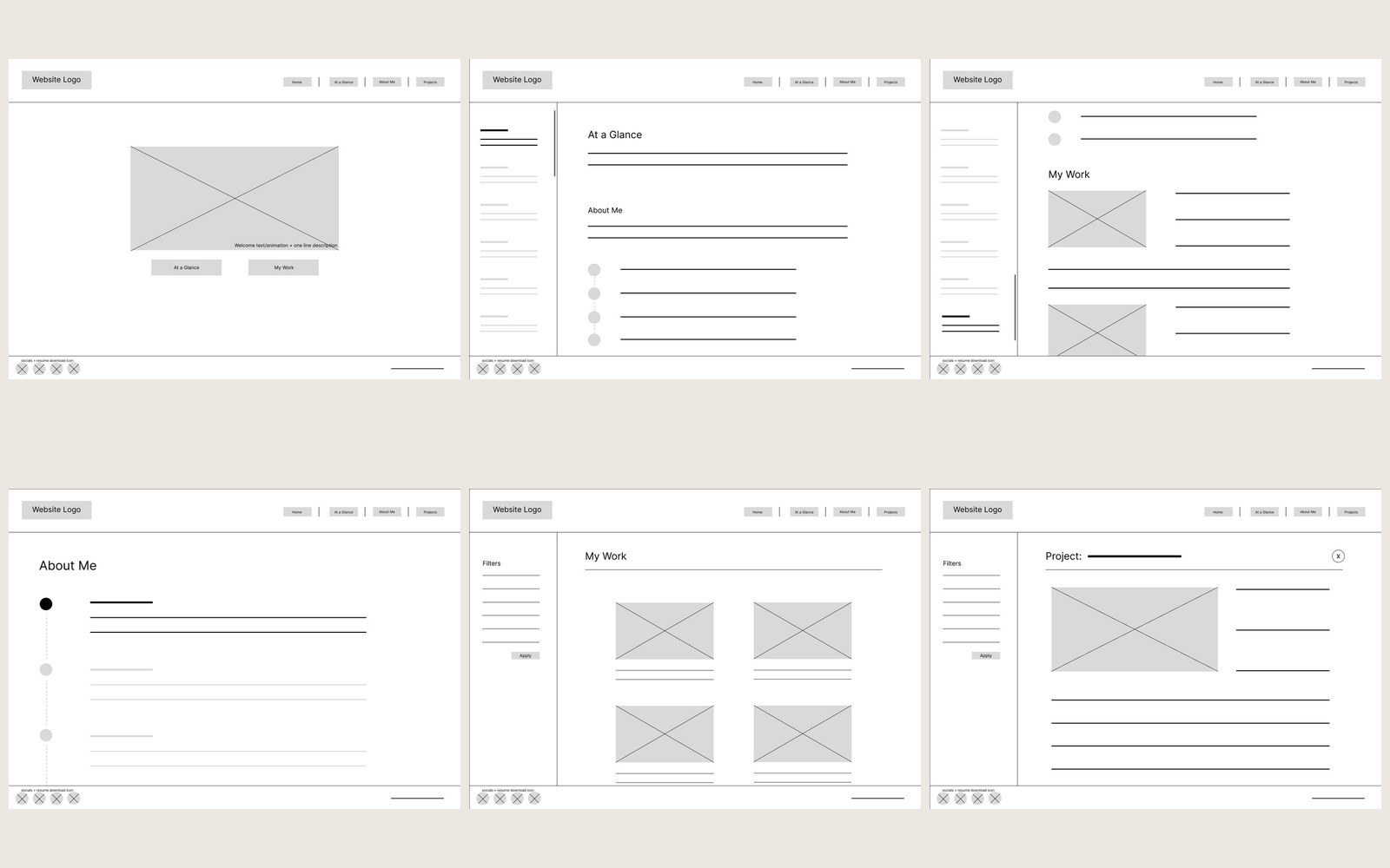Grid of the 6 digital wireframe screens, homepage, at a glance, my work, about me, filtered work grid, and project detail view