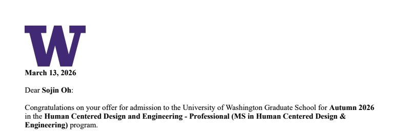Sojin's admission letter to the University of Washington's Human Centered Design and Engineering program